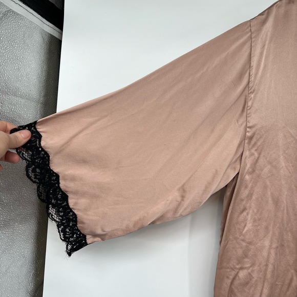 Natori Blush Satin Pajama Top with Black Lace - Picture 4 of 7